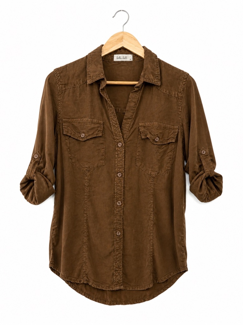 Bella Dahl Chocolate Brown Button-Down Shirt with Roll-Tab Sleeves